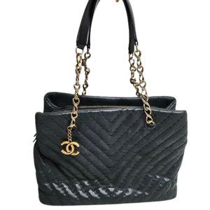 CHANEL Surpique CC Charm Tote Chevron Iridescent Calfskin Large Shoulder Bag